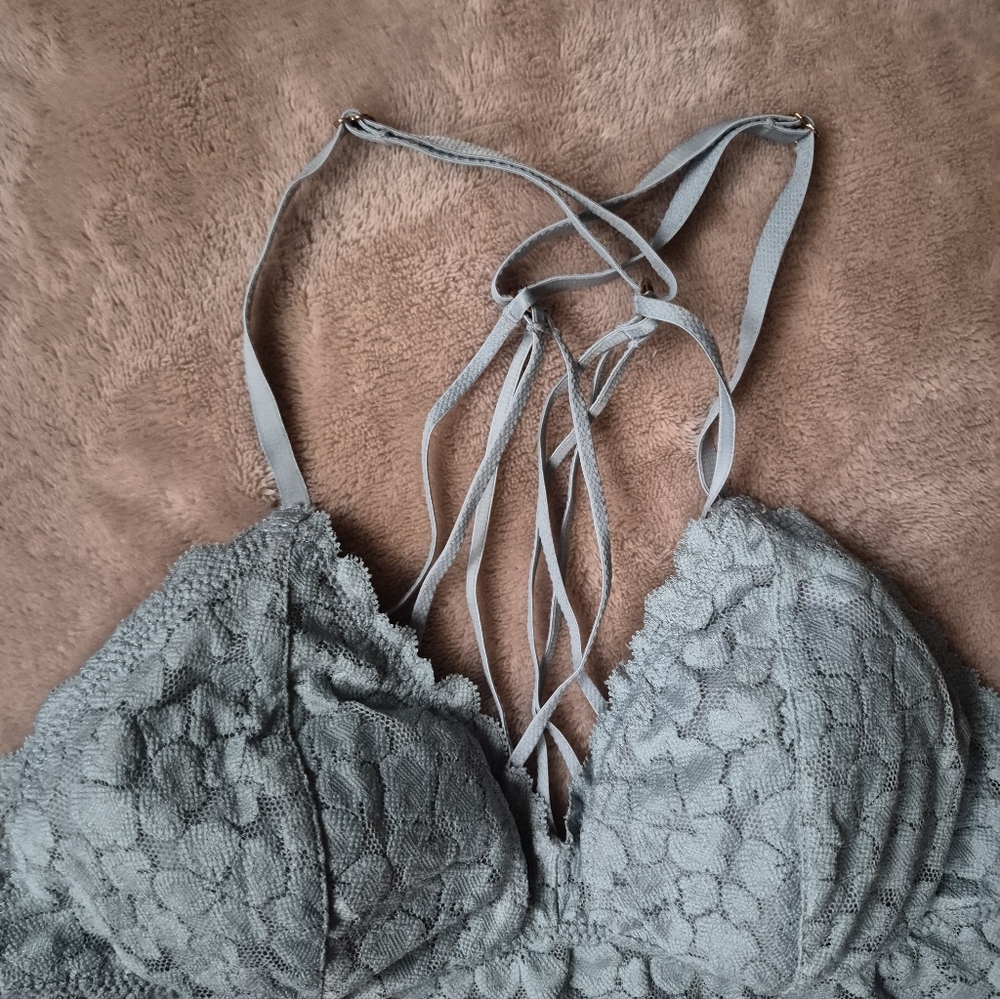 Aerie Lace Bralette in Light Blue Gray Cross Straps Size Small - Picture 2 of 11